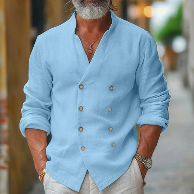 Men's Premium Cotton Linen Shirt | Stand Collar | Double Breasted | Long Sleeve | Breathable Durable Fabric | Sustainable Sourced | Comfortable Fit | Versatile Casual to Semi-Formal Wear