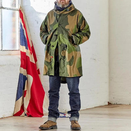 Men's Camouflage Hooded Trench Coat | Durable Cotton Blend | Single Breasted | Adjustable Waist | Military Green | Windbreaker | Front Pockets | Classic Fit | Weather Resistant | Styling Outerwear