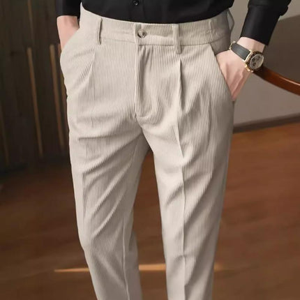 Men's Corduroy Straight Fit Suit Pants | Mid-Rise Waist | Full-Length | Soft Solid Color | Business Casual or Semi-Formal Outings | Warm Fall Winter Trousers | Versatile Styling with Shirts and Jackets