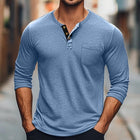 Men's Long Sleeve T-Shirt | Solid Color | Round Neck with Button Detail | Soft Cotton Blend | Regular Fit | Versatile Layering Essential for Casual Wear | Perfect for Fall and Spring | Machine Washable