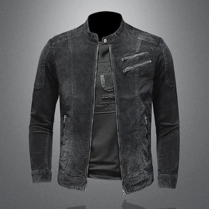 Men's Denim Biker Jacket | Vintage Washed | Classic Style | Snap Button Stand Collar | Full-Length Sleeves | Buttoned Cuffs | Multiple Pockets | Durable & Breathable Fabric | Casual Outerwear