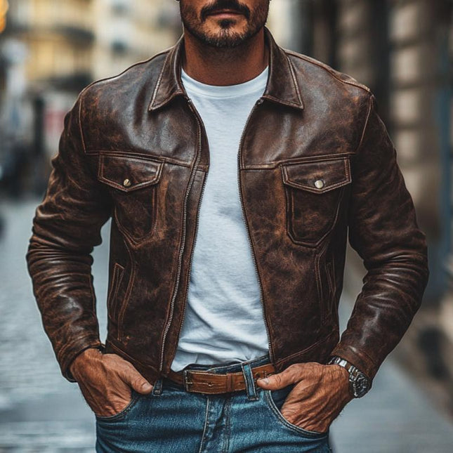 Men's Vintage Leather Jacket | Distressed Lapel Design | Slim Fit | Zipper Closure | High-Quality Material | Versatile Style | Functional Pockets | Timeless Fashion | Multiple Sizes Available