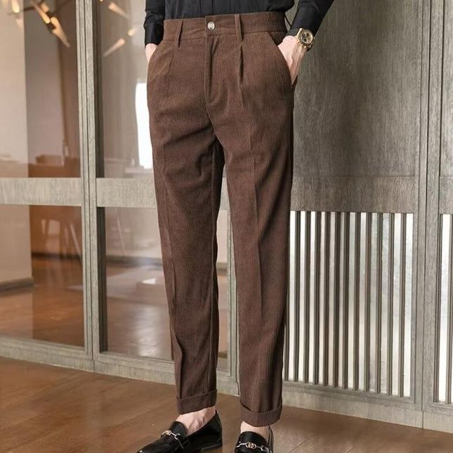 Men's Corduroy Straight Fit Suit Pants | Mid-Rise Waist | Full-Length | Soft Solid Color | Business Casual or Semi-Formal Outings | Warm Fall Winter Trousers | Versatile Styling with Shirts and Jackets