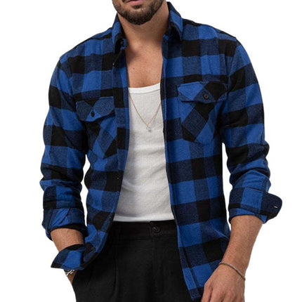 Men's Long Sleeve Plaid Lapel Dress Shirt | Casual Pocket Design | Blended Fabric | Regular Fit | Suitable for All Seasons