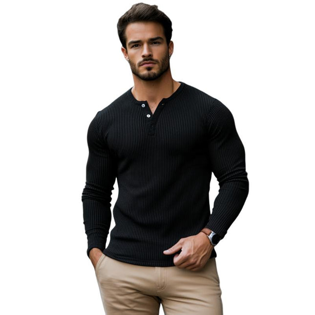 Men's Slim Fit Henley Collar Long Sleeve T-Shirt | Rib Stripe Design | Casual Wear | Soft Breathable Fabric | Versatile Style | Comfortable Modern Aesthetic | Fashionable Ribbed Crew Neck Top