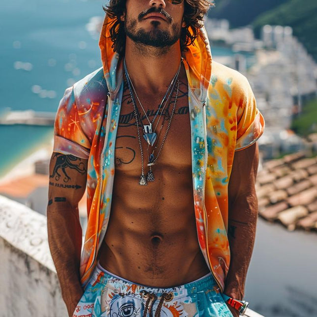 Men's Tie-dye Print Zip Hoodie | Hooded Short Sleeve | Colorful Casual Outerwear | Comfortable Cotton Blend | Adjustable Drawstring | Lightweight Relaxed Fit | Unique Stylish Design | Side Pockets