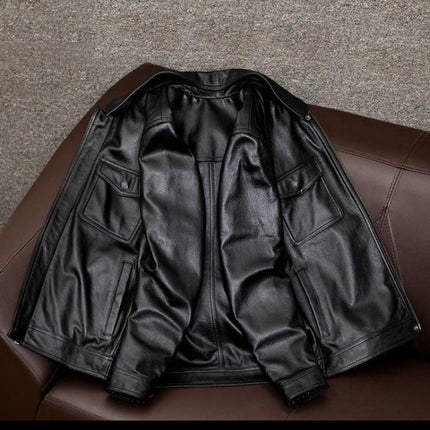 Men's Premium Vintage Leather Jacket | Lapel Collar | Long Sleeve | Double Chest Pockets | Genuine Leather | Solid Color with Distressing | Hip-Length | Regular Fit | Perfect for Fall, Winter, and Spring
