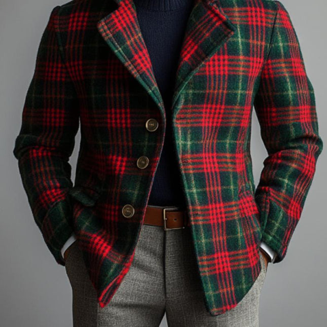 Men's Vintage Tweed Blazer | Colorblock Plaid | Notched Lapel | Tailored Fit | Full Length Sleeves | Hip Length | Fall Winter | Business Casual | Special Events | Retro Inspired | Men's Outerwear
