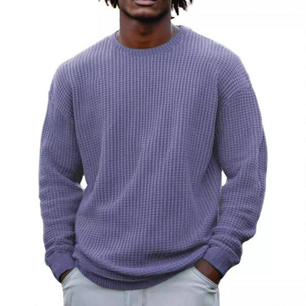 Men's Long Sleeve Waffle Knit Sweatshirt | Solid Color | Round Neck | Casual Layering | Soft Cotton Blend | Versatile Urban Fashion | Sizes S-5XL | Cool Weather Essentials