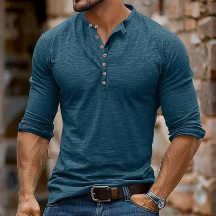 Men's Henley Collar T-Shirt | Long Sleeve | Multi-Button Detail | Soft Cotton Blend | Relaxed Fit | Solid Color | Versatile Casual Layering Essential | Ideal for Fall & Spring | Comfortable Everyday Wear
