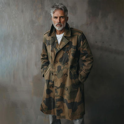 Men's Camouflage Trench Coat | Lapel Collar | Double Breasted | Mid-Length | Cargo Pockets | Durable Fabric | Long Sleeves | Adjustable Cuffs | Sizes S-XXXL