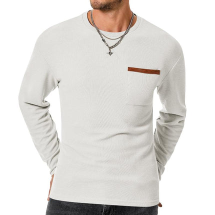 Men's Slim Fit Long Sleeve T-Shirt | Casual Waffle Texture | Round Neck | Patch Pocket | Soft Breathable Fabric | Versatile Layering Top | Comfortable Everyday Wear