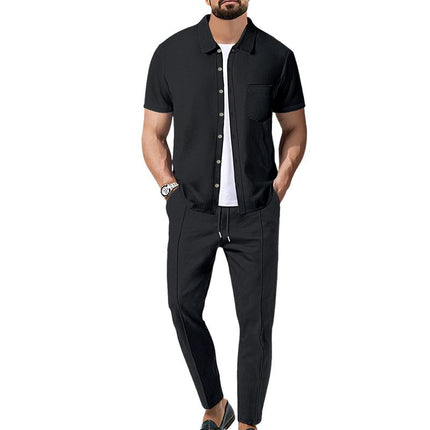 Men's Casual Two-Piece Outfit | Waffle Knit Set | Short Sleeve Shirt & Pants | Solid Color | Elastic Waist | Breathable Fabric | Side Pockets | Comfortable Loungewear | Ideal for Travel & Everyday Wear