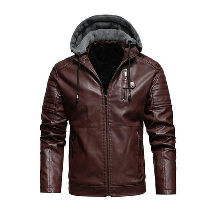 Men's Hooded Leather Jacket | Vintage Look | Fleece Lined | Slim Fit | Warm Casual Outerwear | Zip-Up Closure | Durable Leather | Wind-Resistant | Multiple Pockets | Versatile Style