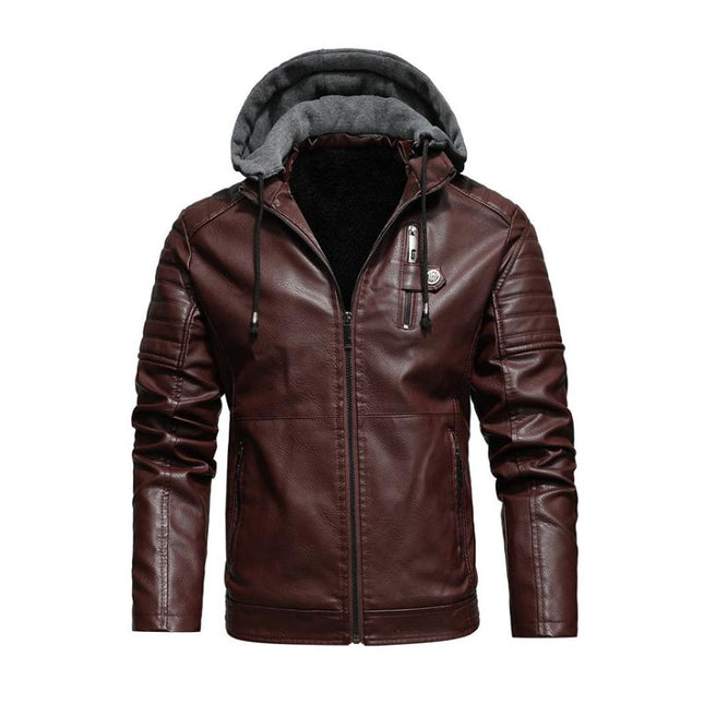 Men's Hooded Leather Jacket | Vintage Look | Fleece Lined | Slim Fit | Warm Casual Outerwear | Zip-Up Closure | Durable Leather | Wind-Resistant | Multiple Pockets | Versatile Style