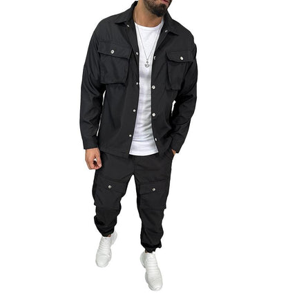 Men's Solid Lapel Single Breasted Jacket with Cargo Trousers Set | Versatile Solid Color | Tailored Fit | Stylish & Functional | Button Closure | Long Sleeve | Relaxed Fit | Breathable Fabric