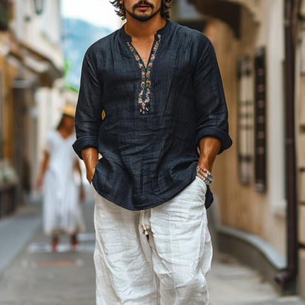 Men's Long Sleeve V-Neck Cotton Linen Shirt | Breathable Printed Casual Top | Lightweight Comfortable Fit | Spring Summer Fashion