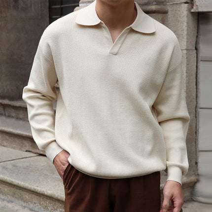 Men's Polo Shirt | Solid Color | Lapel Collar | Long Sleeve Knit | Versatile Casual to Semi-Formal | Soft Durable Fabric | Stylish Minimalistic Design | Comfortable Fit | Ideal for Layering | Sizes Available