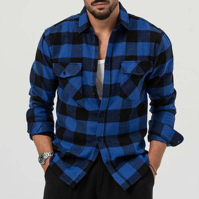 Men's Long Sleeve Plaid Lapel Dress Shirt | Casual Pocket Design | Blended Fabric | Regular Fit | Suitable for All Seasons