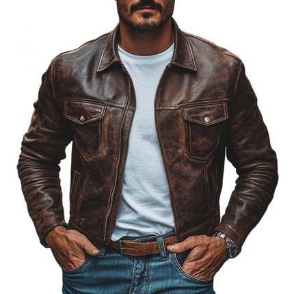 Men's Vintage Leather Jacket | Distressed Lapel Design | Slim Fit | Zipper Closure | High-Quality Material | Versatile Style | Functional Pockets | Timeless Fashion | Multiple Sizes Available