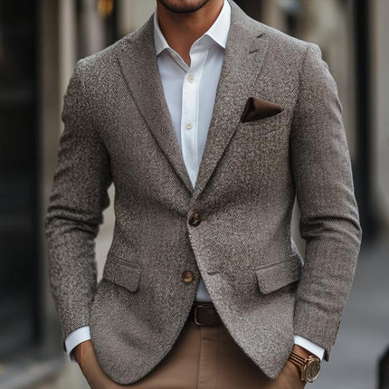 Men's Slim Fit Blazer | Vintage Herringbone Fabric | Notch Lapel | Two Button Design | Elegant & Versatile Outerwear | Sizes Small to XXXL | Long Sleeve | Classic Tailored Style | Dress Up for Formal & Casual Occasions