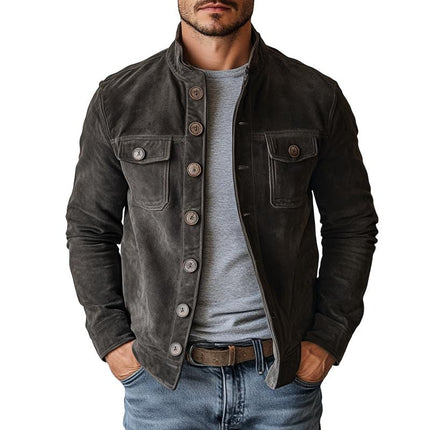 Men's Vintage Suede Jacket | Single Breasted | Stand Collar | Classic Fit | Long Sleeve | Premium Faux Suede | Lightweight | Solid Color | Casual to Smart Casual | Fall & Spring Outerwear