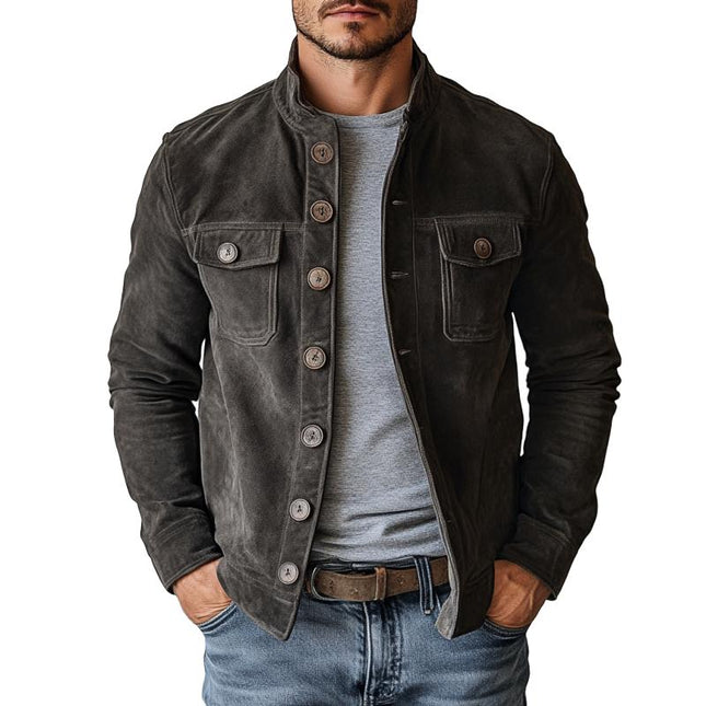 Men's Vintage Suede Jacket | Single Breasted | Stand Collar | Classic Fit | Long Sleeve | Premium Faux Suede | Lightweight | Solid Color | Casual to Smart Casual | Fall & Spring Outerwear