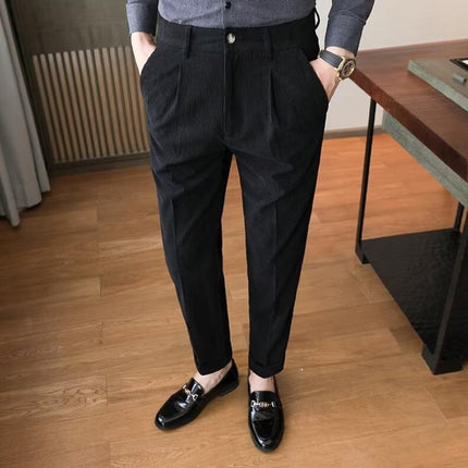 Men's Corduroy Straight Fit Suit Pants | Mid-Rise Waist | Full-Length | Soft Solid Color | Business Casual or Semi-Formal Outings | Warm Fall Winter Trousers | Versatile Styling with Shirts and Jackets