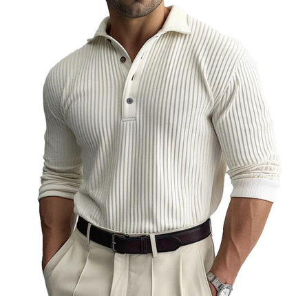Men's Polo Shirt | Solid Color with Striped Lapel | Long Sleeve | High-Quality Cotton Blend | Regular Fit | Comfort & Style | Casual & Versatile | Perfect for Outings & Dates