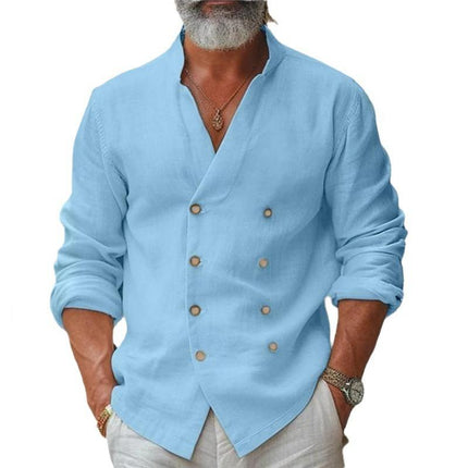 Men's Premium Cotton Linen Shirt | Stand Collar | Double Breasted | Long Sleeve | Breathable Durable Fabric | Sustainable Sourced | Comfortable Fit | Versatile Casual to Semi-Formal Wear