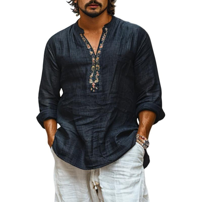 Men's Long Sleeve V-Neck Cotton Linen Shirt | Breathable Printed Casual Top | Lightweight Comfortable Fit | Spring Summer Fashion