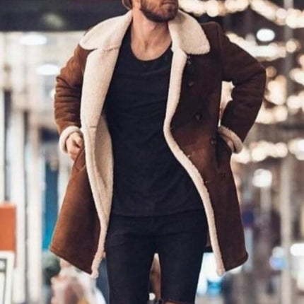 Men's Suede Polar Fleece Coat | Vintage Warm Double-Breasted Outerwear | Notch Lapel | Thick Insulation | Multi-Pocket Design | Formal Winter Jacket | Earthy Tones