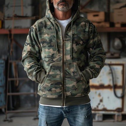 Men's Hooded Sweatshirt Jacket | Camouflage Print | Relaxed Fit | Full-Zip Front | Long Sleeves with Ribbed Cuffs | Kangaroo Pockets | Cotton Polyester Blend | Adjustable Hood | Versatile Outerwear