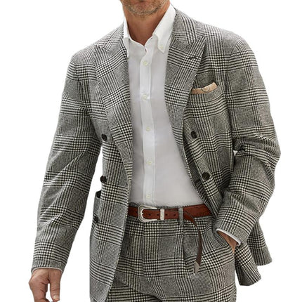 Men's Vintage Plaid Herringbone Blazer | Double-Breasted Suit | Retro Style | Gray | Lapel Design | Slim Fit | Comfortable Lining | Multiple Sizes | Classic & Fashionable | Men's Outerwear