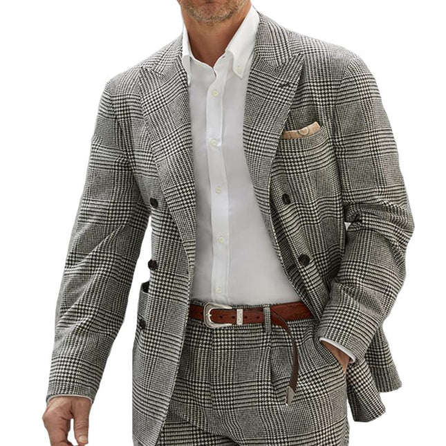Men's Vintage Plaid Herringbone Blazer | Double-Breasted Suit | Retro Style | Gray | Lapel Design | Slim Fit | Comfortable Lining | Multiple Sizes | Classic & Fashionable | Men's Outerwear