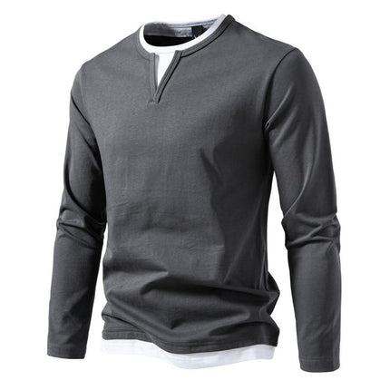 Men's Double Layer V-Neck T-Shirt | Casual Color Block Design | Long Sleeves | Fake Two-Piece Layered Look | Soft Lightweight Stretch Fabric | Regular Fit | Versatile Fashion Staple