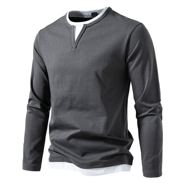 Men's Double Layer V-Neck T-Shirt | Casual Color Block Design | Long Sleeves | Fake Two-Piece Layered Look | Soft Lightweight Stretch Fabric | Regular Fit | Versatile Fashion Staple