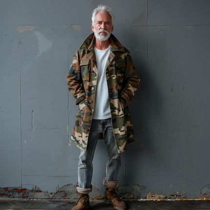 Men's Camouflage Trench Coat | Lapel Collar | Single Breasted | Mid-Length | Cargo Pockets | Durable Fabric | Adjustable Cuffs & Waist | Weather-Resistant | Outdoor Jacket | Sizes S to XXXL