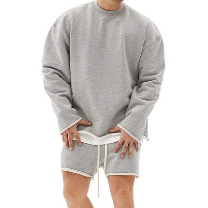Men's Casual Loose Fit Sweatshirt & Shorts Set | Solid Color | Cotton Pullover | Autumn Winter Spring | Mid Waist | Short Pants | Long Sleeve