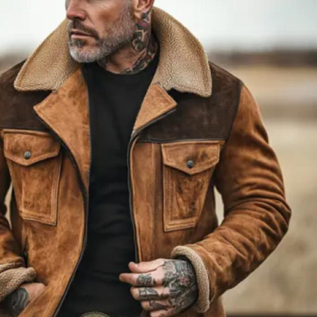 Men's Suede & Polar Fleece Colorblock Coat | Mid-Length Lapel Jacket | Regular Fit | Warm Winter Outerwear | Long Sleeve | Button Closure | Casual & Semi-Formal Wear | Pockets