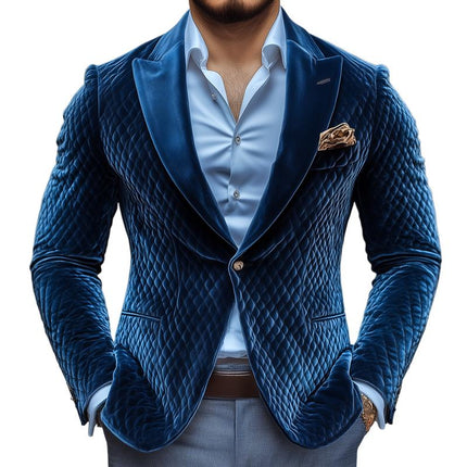 Men's Vintage Blazer | Velvet Peak Lapel | One-Button Closure | Rhombus Pattern | Long Sleeve | Luxury Outerwear | Elegant Casual Style | Soft Touch Velvet | Versatile Design | Sizes Available