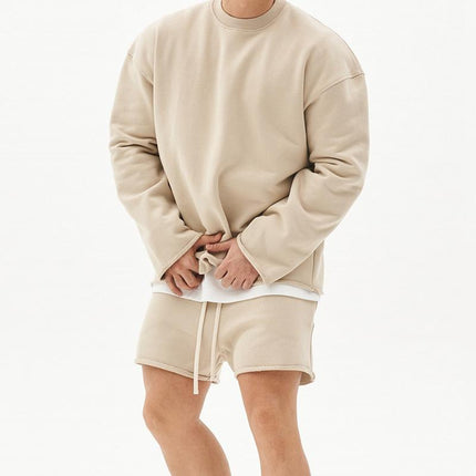 Men's Casual Loose Fit Sweatshirt & Shorts Set | Solid Color | Cotton Pullover | Autumn Winter Spring | Mid Waist | Short Pants | Long Sleeve