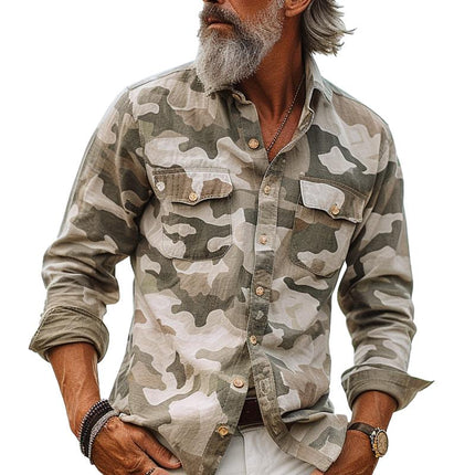 Men's Camouflage Cargo Shirt | Lapel Collar | Breast Pocket | Multi-Pocket Design | Lightweight Polyester Blend | Military-Inspired Look | Casual Wear | Outdoor Activities | Streetwear Fashion