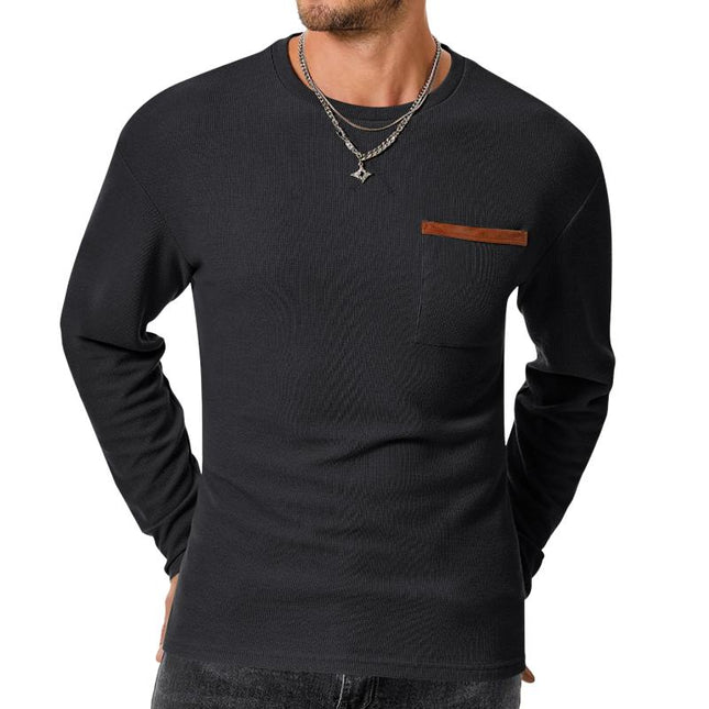 Men's Slim Fit Long Sleeve T-Shirt | Casual Waffle Texture | Round Neck | Patch Pocket | Soft Breathable Fabric | Versatile Layering Top | Comfortable Everyday Wear