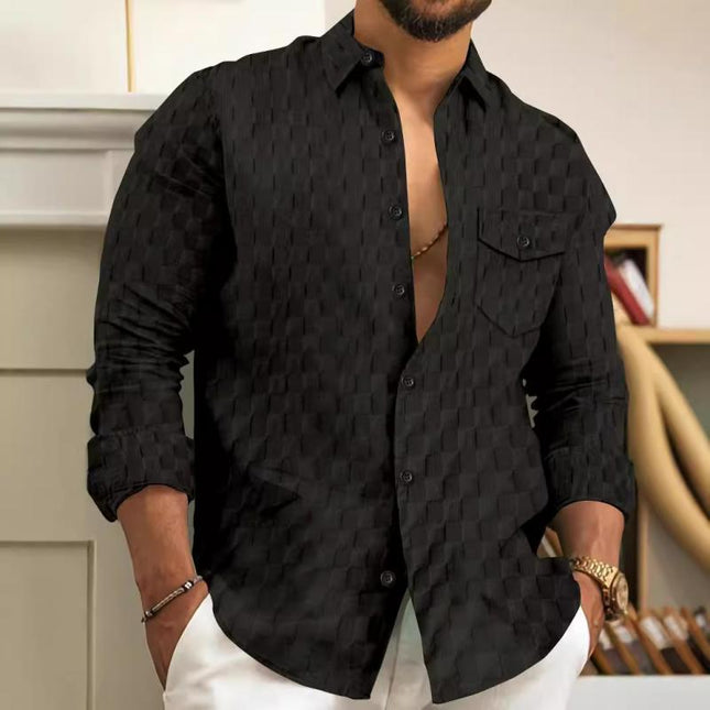 Men's Casual Dress Shirt | Solid Plaid Pattern | Long Sleeve | Lapel Collar | Chest Pocket | Cotton Linen Blend | Versatile Regular Fit | Buttoned Cuffs | Suitable for Spring and Autumn | Classic Style