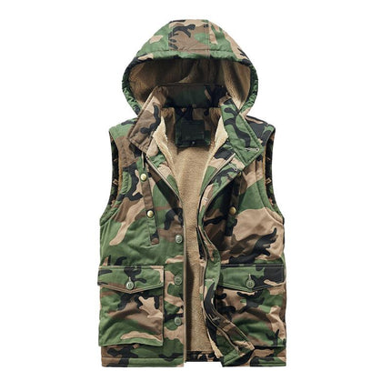 Men's Hooded Cargo Vest | Retro Camouflage Design | Plush Lining for Warmth | Durable Outer Material | Functional Cargo Pockets | Stylish Outdoor Wear for Fall & Winter | Comfortable Fit for Layering