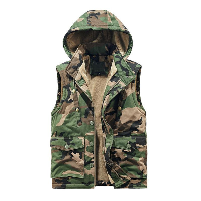 Men's Hooded Cargo Vest | Retro Camouflage Design | Plush Lining for Warmth | Durable Outer Material | Functional Cargo Pockets | Stylish Outdoor Wear for Fall & Winter | Comfortable Fit for Layering