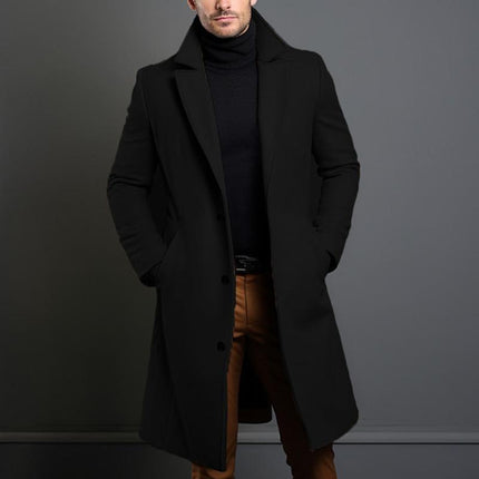 Men's Mid-Length Coat | Solid Color | Notch Lapel | Single-Breasted | Premium Quality | Versatile Outerwear | Various Sizes | Elegant Design | Fashionable and Comfortable | Stylish Warmth