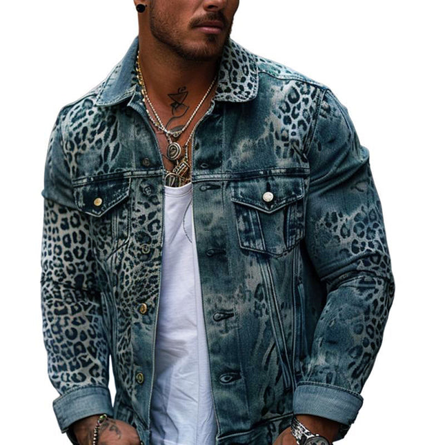 Men's Denim Trucker Jacket | Leopard Ombre Print | Classic Fit | Long Sleeve | Button Closure | High-Quality Fabric | Versatile Layering | Casual Style | Hip Length | Various Sizes Available | Machine Washable