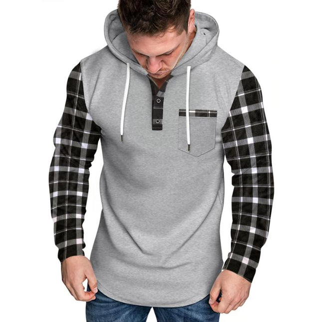 Men's Hoodie | Casual Checkered Color Block | Button-Up Design | Long Sleeve | Soft Cotton Blend | Adjustable Hood | Functional Pockets | Hip-Length | Comfortable Fit | Stylish Layering | Ideal for Fall & Spring